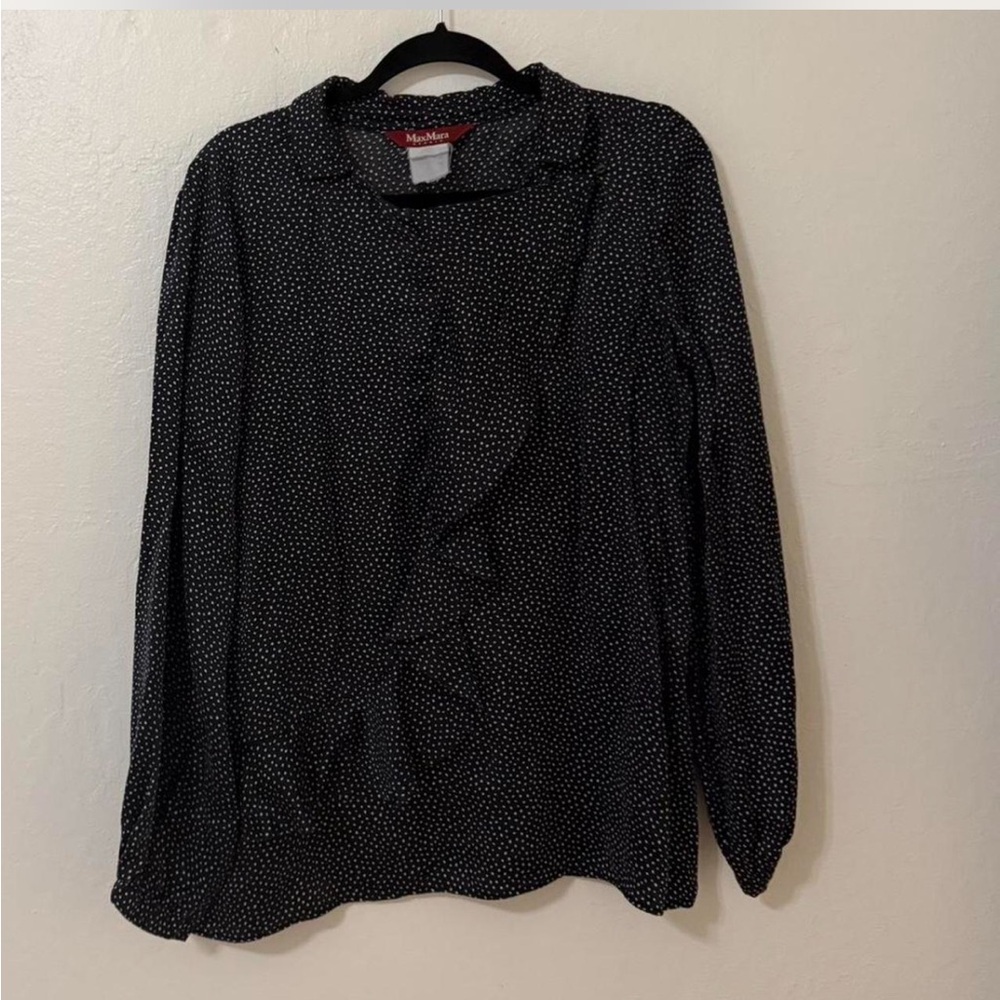 MaxMara Black with White Dot Long-Sleeve Ruffle Blouse